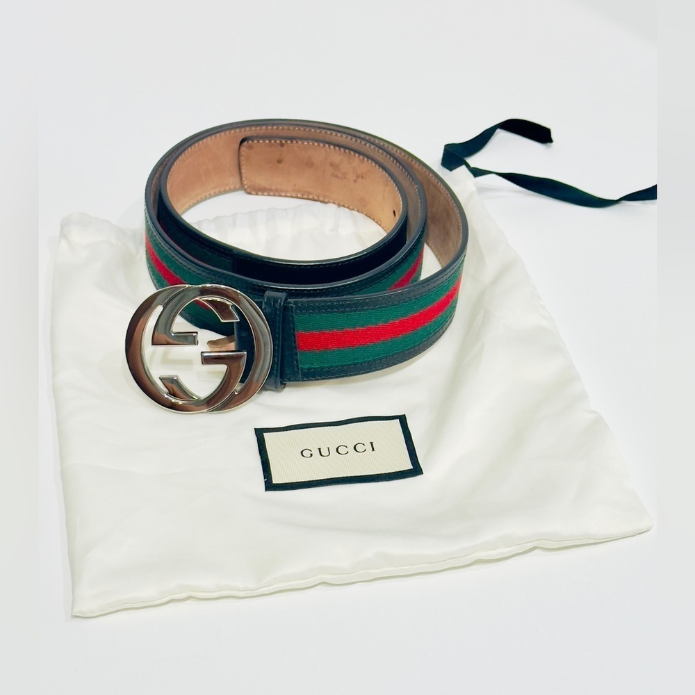 Gucci Web Canvas Black Leather Belt 114984 Silver Interlocking G Buckle 100/40
